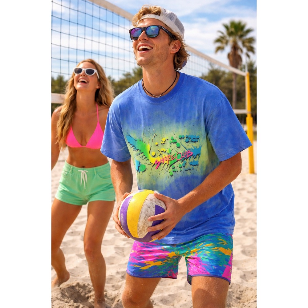 Vintage 90s Shore Club Tie Dye Beach T-Shirt Single Stitch USA Made L Volleyball
